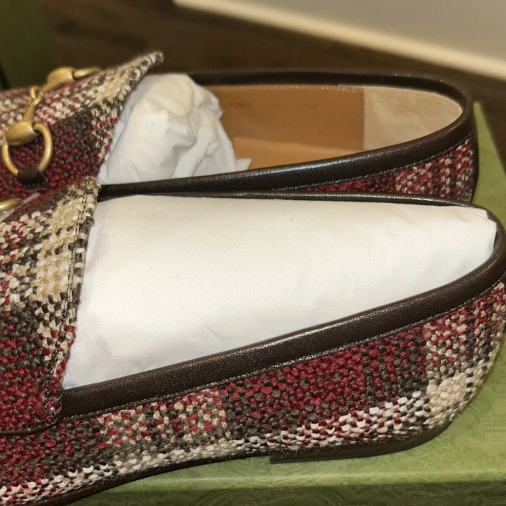 GUCCI 
Vintage Tweed Check Horsebit Mens Jordaan Loafers 8.5Red Beige White - Picture 4 of 7